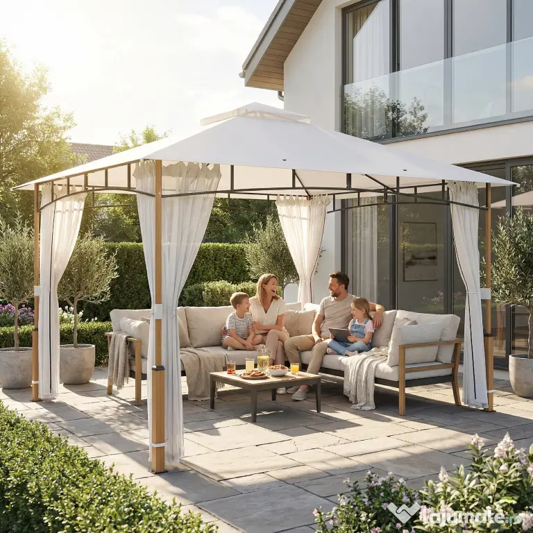 Outsunny Foișor 3 x 3.6 m, Acoperiș Dublu UPF50+ cu Plasă, Crem | Aosom Romania
