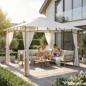 Outsunny Foișor 3 x 3.6 m, Acoperiș Dublu UPF50+ cu Plasă, Crem | Aosom Romania 