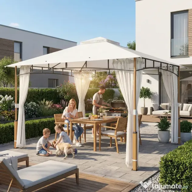 Outsunny Foișor 3 x 3.6 m, Acoperiș Dublu UPF50+ cu Plasă, Crem | Aosom Romania
