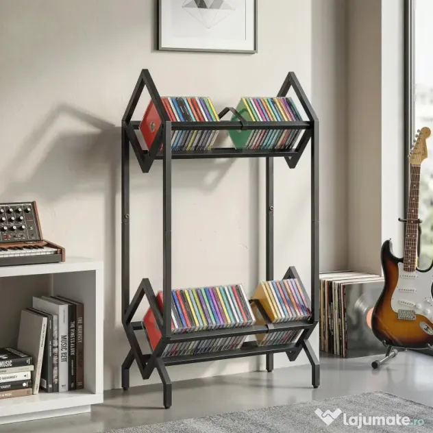 HOMCOM Organizator CD-uri pentru 50 CD-uri, Organizator Viniluri 2 Niveluri din Metal pentru DVD-uri, Cărți, Albume, Negru | Aosom Romania