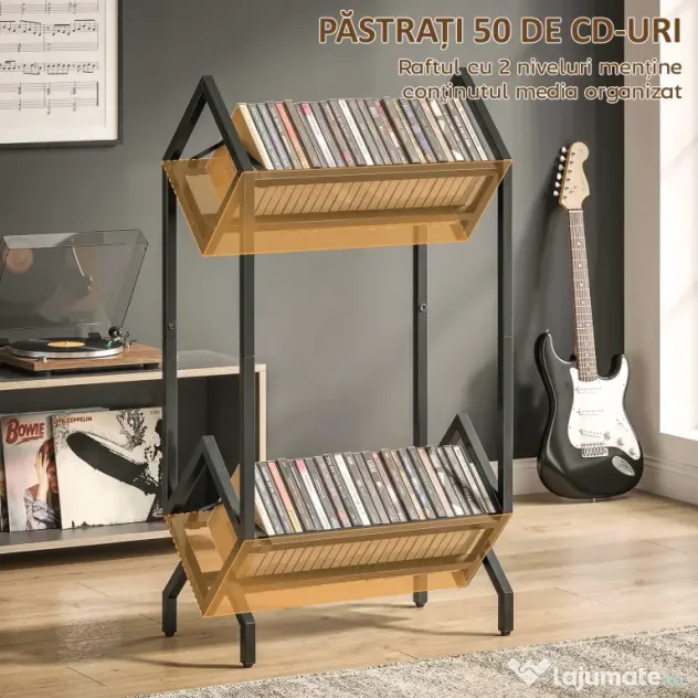 HOMCOM Organizator CD-uri pentru 50 CD-uri, Organizator Viniluri 2 Niveluri din Metal pentru DVD-uri, Cărți, Albume, Negru | Aosom Romania