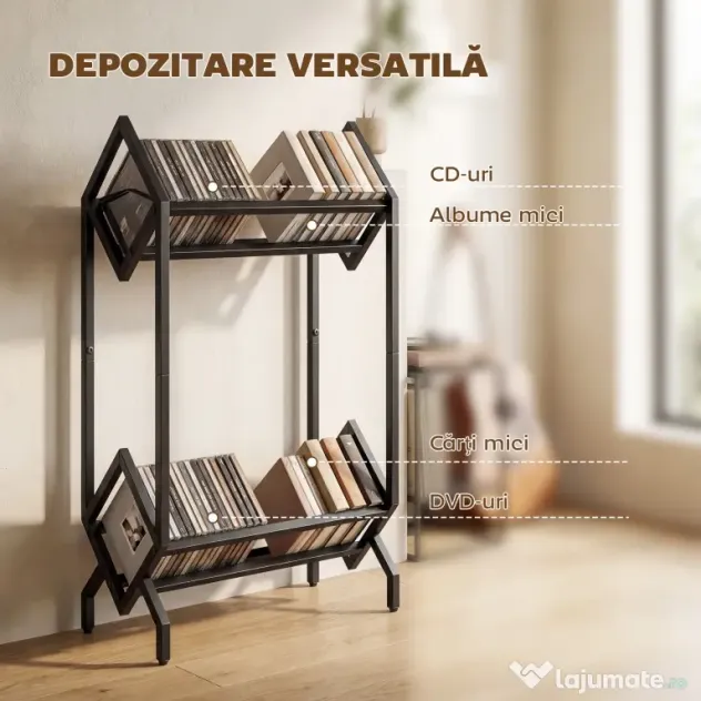 HOMCOM Organizator CD-uri pentru 50 CD-uri, Organizator Viniluri 2 Niveluri din Metal pentru DVD-uri, Cărți, Albume, Negru | Aosom Romania