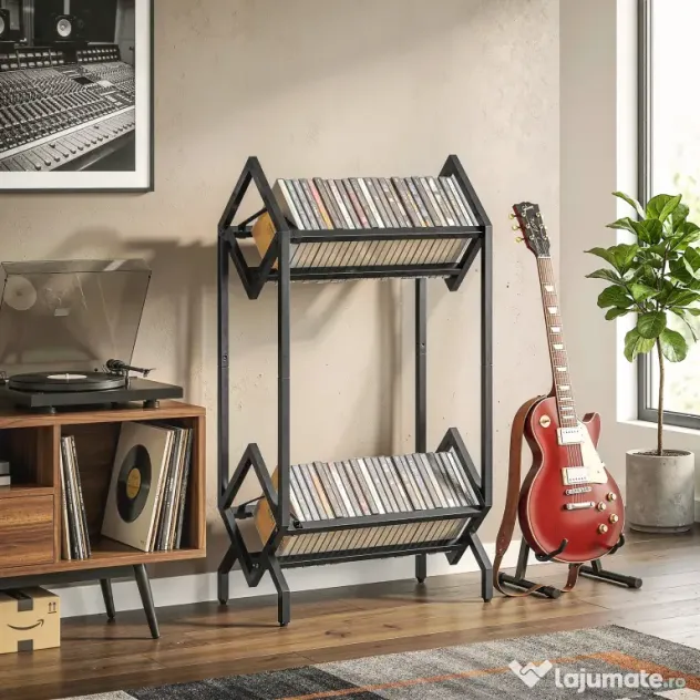 HOMCOM Organizator CD-uri pentru 50 CD-uri, Organizator Viniluri 2 Niveluri din Metal pentru DVD-uri, Cărți, Albume, Negru | Aosom Romania