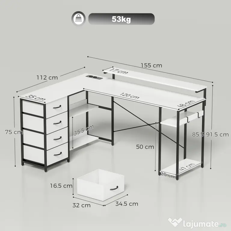 HOMCOM Birou de Colț în L, 155 cm, Reversibil, 4 Sertare Textile, Prize de Curent | Aosom Romania