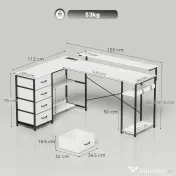 HOMCOM Birou de Colț în L, 155 cm, Reversibil, 4 Sertare Textile, Prize de Curent | Aosom Romania 