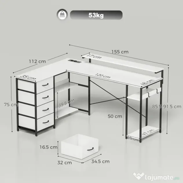 HOMCOM Birou de Colț în L, 155 cm, Reversibil, 4 Sertare Textile, Prize de Curent | Aosom Romania