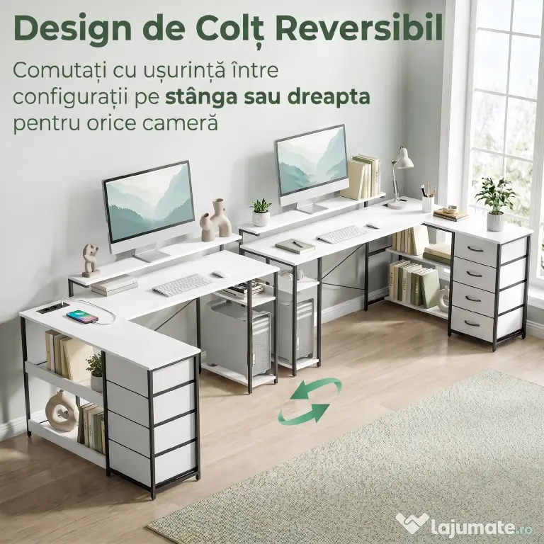 HOMCOM Birou de Colț în L, 155 cm, Reversibil, 4 Sertare Textile, Prize de Curent | Aosom Romania