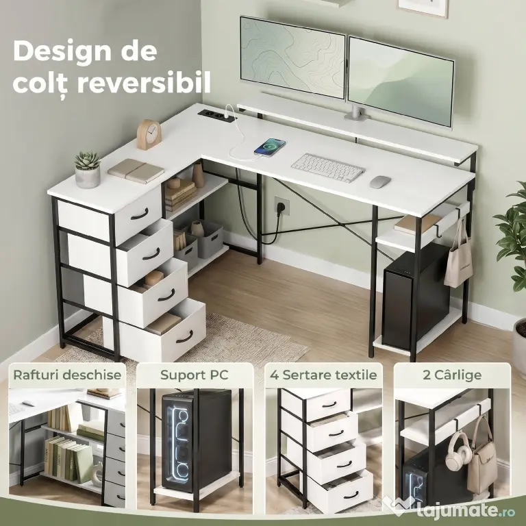 HOMCOM Birou de Colț în L, 155 cm, Reversibil, 4 Sertare Textile, Prize de Curent | Aosom Romania