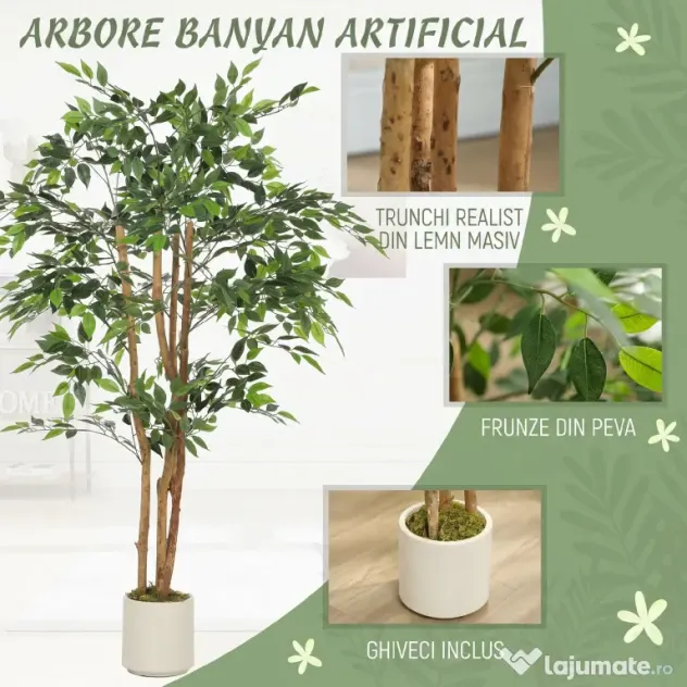 HOMCOM Plantă Artificială Banian cu Ramuri Modelabile din PEVA și Lemn, 65 x 65 x 150 cm, Verde