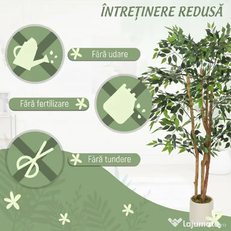 HOMCOM Plantă Artificială Banian cu Ramuri Modelabile din PEVA și Lemn, 65 x 65 x 150 cm, Verde