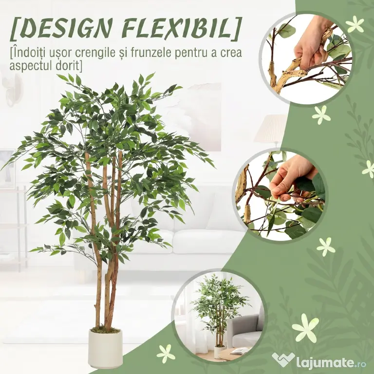 HOMCOM Plantă Artificială Banian cu Ramuri Modelabile din PEVA și Lemn, 65 x 65 x 150 cm, Verde