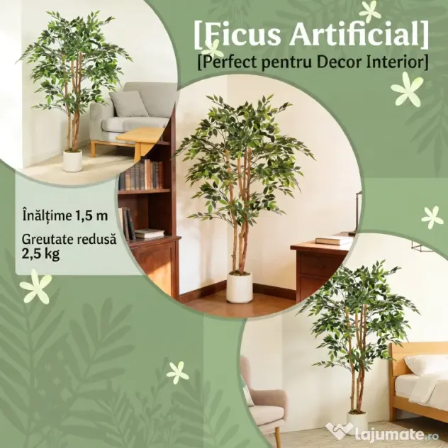HOMCOM Plantă Artificială Banian cu Ramuri Modelabile din PEVA și Lemn, 65 x 65 x 150 cm, Verde