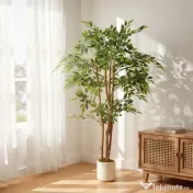 HOMCOM Plantă Artificială Banian din PEVA și Lemn cu Ramuri Modelabile și Ghiveci Alb din PP și Ciment | Aosom Romania 