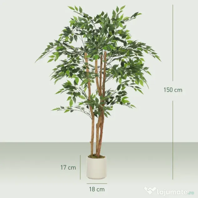 HOMCOM Plantă Artificială Banian din PEVA și Lemn cu Ramuri Modelabile și Ghiveci Alb din PP și Ciment | Aosom Romania