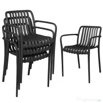 Set 4 Scaune de Grădină Outsunny Stivuibile din PP Rezistent la Razele UV, Scaune de Luat Masa pentru Exterior cu Spătar Ergonomic cu Lamele și Brațe, pentru Terasă, Balcon, Grădină, 55x58,5x81,5 cm, Negru | Aosom Romania