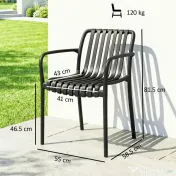 Set 4 Scaune de Grădină Outsunny Stivuibile din PP Rezistent la Razele UV, Scaune de Luat Masa pentru Exterior cu Spătar Ergonomic cu Lamele și Brațe, pentru Terasă, Balcon, Grădină, 55x58,5x81,5 cm, Negru | Aosom Romania 