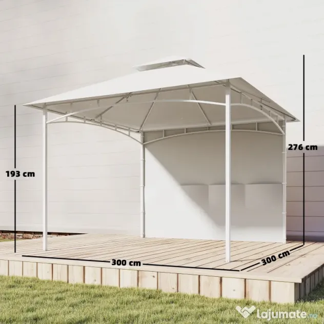 Outsunny Foișor de Grădină 3x3 m cu Corturi, Buzunare pentru Depozitare și Cârlig la Tavan, Foișor din Metal cu Acoperiș Dublu, Orificii de Drenaj, UV30+, Crem | Aosom Romania