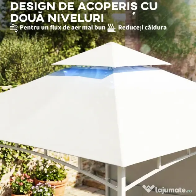 Outsunny Foișor de Grădină 3x3 m cu Corturi, Buzunare pentru Depozitare și Cârlig la Tavan, Foișor din Metal cu Acoperiș Dublu, Orificii de Drenaj, UV30+, Crem | Aosom Romania
