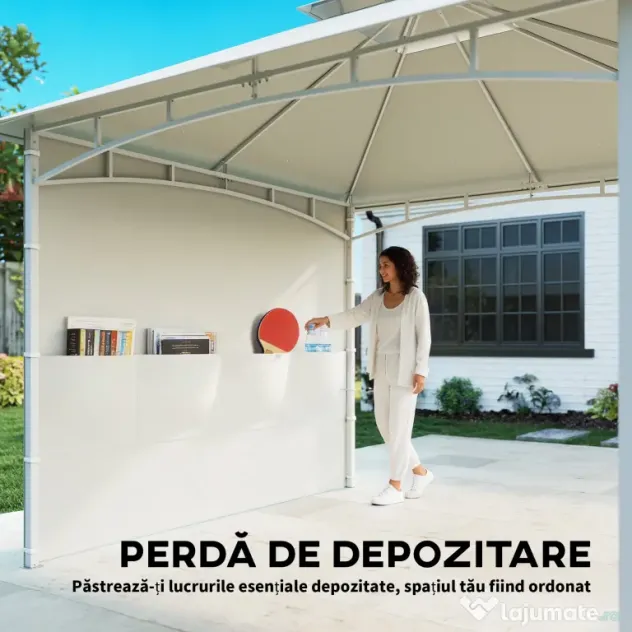 Outsunny Foișor de Grădină 3x3 m cu Corturi, Buzunare pentru Depozitare și Cârlig la Tavan, Foișor din Metal cu Acoperiș Dublu, Orificii de Drenaj, UV30+, Crem | Aosom Romania