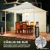 Outsunny Foișor de Grădină 3x3 m cu Corturi, Buzunare pentru Depozitare și Cârlig la Tavan, Foișor din Metal cu Acoperiș Dublu, Orificii de Drenaj, UV30+, Crem | Aosom Romania 