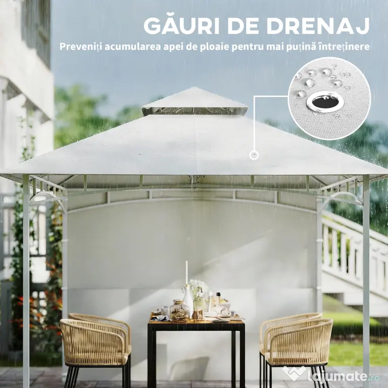 Outsunny Foișor de Grădină 3x3 m cu Corturi, Buzunare pentru Depozitare și Cârlig la Tavan, Foișor din Metal cu Acoperiș Dublu, Orificii de Drenaj, UV30+, Crem | Aosom Romania