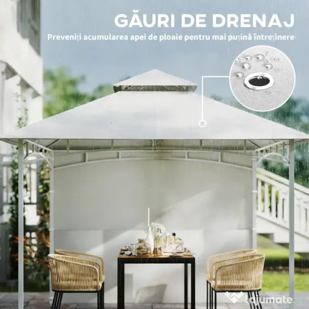 Outsunny Foișor de Grădină 3x3 m cu Corturi, Buzunare pentru Depozitare și Cârlig la Tavan, Foișor din Metal cu Acoperiș Dublu, Orificii de Drenaj, UV30+, Crem | Aosom Romania