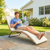 Outsunny Șezlong din Ratan Forma S cu Pernă, Șezlong de Grădină cu Structură din Oțel, pentru Terasă, Plajă, Piscină, Grădină, 175x57x80cm, Crem | Aosom Romania