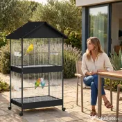 PawHut Colivie Mare pentru Păsări cu Roți, Tavă Detașabilă, Stinghii, Acoperiș și Hrănitori, pentru Papagali și Canari, Negru | Aosom Romania 