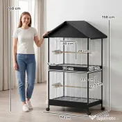 PawHut Colivie Mare pentru Păsări cu Roți, Tavă Detașabilă, Stinghii, Acoperiș și Hrănitori, pentru Papagali și Canari, Negru | Aosom Romania 