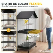 PawHut Colivie Mare pentru Păsări cu Roți, Tavă Detașabilă, Stinghii, Acoperiș și Hrănitori, pentru Papagali și Canari, Negru | Aosom Romania 