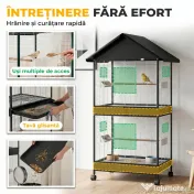 PawHut Colivie Mare pentru Păsări cu Roți, Tavă Detașabilă, Stinghii, Acoperiș și Hrănitori, pentru Papagali și Canari, Negru | Aosom Romania 