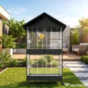PawHut Colivie Mare pentru Păsări cu Roți, Tavă Detașabilă, Stinghii, Acoperiș și Hrănitori, pentru Papagali și Canari, Negru | Aosom Romania 