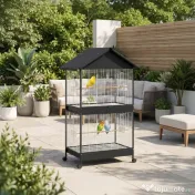 PawHut Colivie Mare pentru Păsări cu Roți, Tavă Detașabilă, Stinghii, Acoperiș și Hrănitori, pentru Papagali și Canari, Negru | Aosom Romania 
