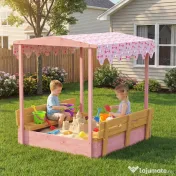 AIYAPLAY Ladă de Nisip pentru Copii 3-6 Ani cu Acoperiș cu Flamingo, Scaune Pliabile, Capac și Husă Incluse, Ladă de Joacă din Lemn de Brad, 134,5x127,5x130 cm, Roz | Aosom Romania 