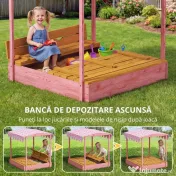 AIYAPLAY Ladă de Nisip pentru Copii 3-6 Ani cu Acoperiș cu Flamingo, Scaune Pliabile, Capac și Husă Incluse, Ladă de Joacă din Lemn de Brad, 134,5x127,5x130 cm, Roz | Aosom Romania 