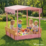 AIYAPLAY Ladă de Nisip pentru Copii 3-6 Ani cu Acoperiș cu Flamingo, Scaune Pliabile, Capac și Husă Incluse, Ladă de Joacă din Lemn de Brad, 134,5x127,5x130 cm, Roz | Aosom Romania 