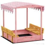 AIYAPLAY Ladă de Nisip pentru Copii 3-6 Ani cu Acoperiș cu Flamingo, Scaune Pliabile, Capac și Husă Incluse, Ladă de Joacă din Lemn de Brad, 134,5x127,5x130 cm, Roz