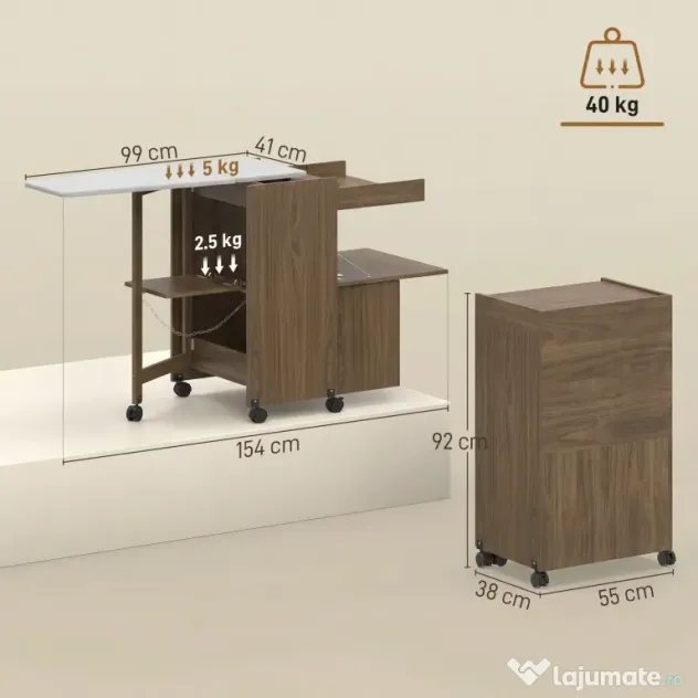 HOMCOM Dulap Masă de Călcat Pliabil cu Suport pentru Fier și Haine cu Compartiment Deschis, 154x55x87 cm, Maro | Aosom Romania