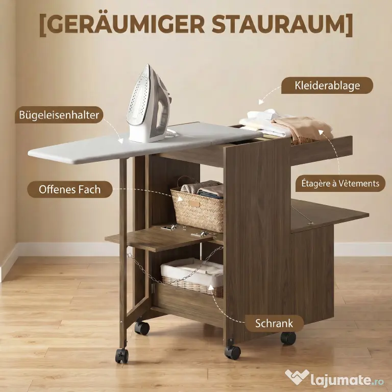 HOMCOM Dulap Masă de Călcat Pliabil cu Suport pentru Fier și Haine cu Compartiment Deschis, 154x55x87 cm, Maro | Aosom Romania