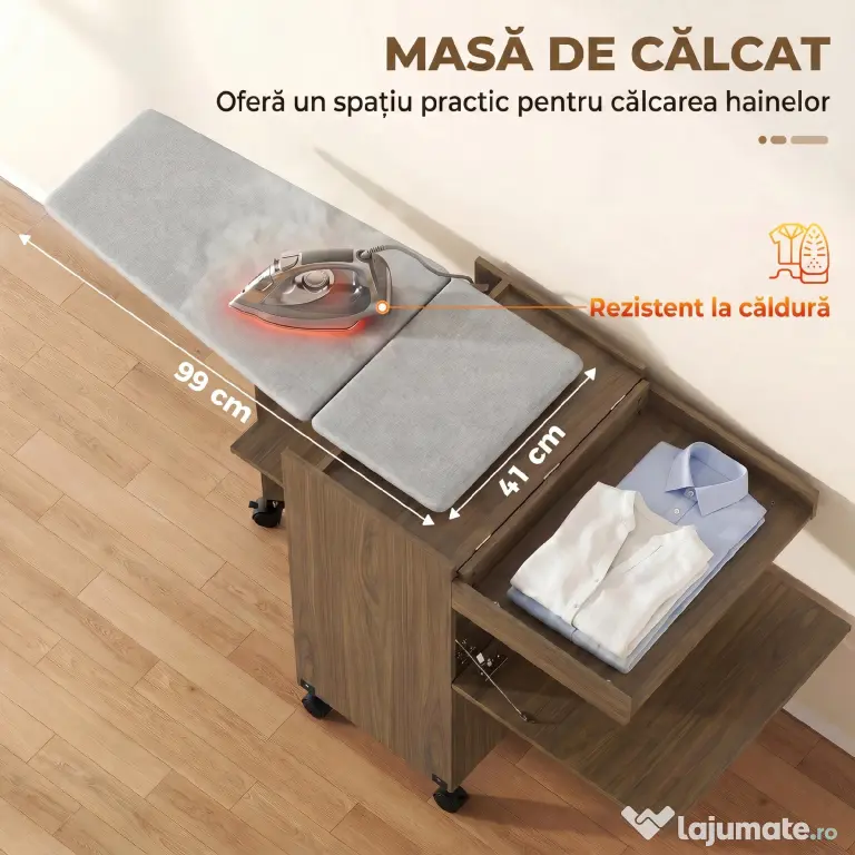 HOMCOM Dulap Masă de Călcat Pliabil cu Suport pentru Fier și Haine cu Compartiment Deschis, 154x55x87 cm, Maro | Aosom Romania