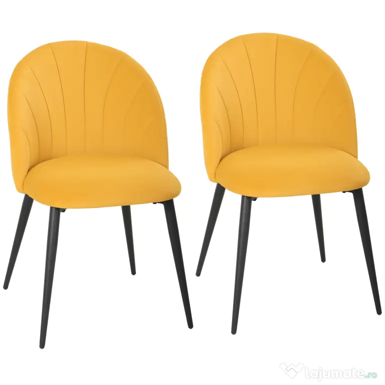 HOMCOM Set 2 Scaune pentru Sufragerie din Catifea, Scaune de Bucătărie cu Spătar Curbat în Formă de Scoică, Picioare din Oțel, Stil Nordic, Scaun Tapițat pentru Bucătărie, Dormitor, Living, Galben | Aosom Romania
