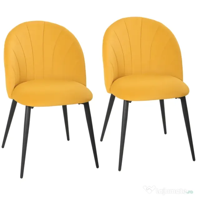HOMCOM Set 2 Scaune pentru Sufragerie din Catifea, Scaune de Bucătărie cu Spătar Curbat în Formă de Scoică, Picioare din Oțel, Stil Nordic, Scaun Tapițat pentru Bucătărie, Dormitor, Living, Galben | Aosom Romania