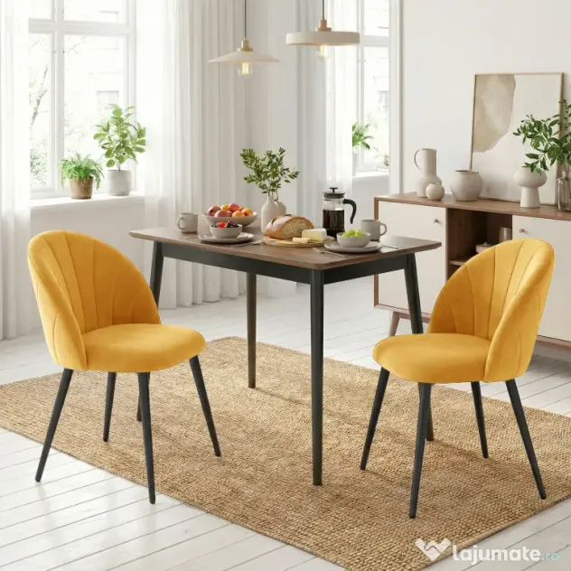 HOMCOM Set 2 Scaune pentru Sufragerie din Catifea, Scaune de Bucătărie cu Spătar Curbat în Formă de Scoică, Picioare din Oțel, Stil Nordic, Scaun Tapițat pentru Bucătărie, Dormitor, Living, Galben | Aosom Romania