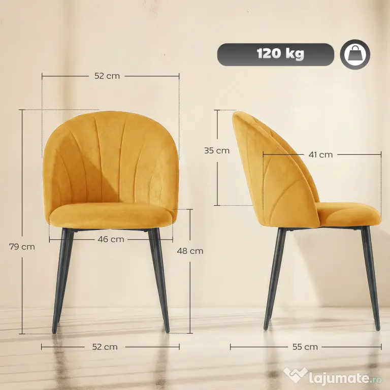 HOMCOM Set 2 Scaune pentru Sufragerie din Catifea, Scaune de Bucătărie cu Spătar Curbat în Formă de Scoică, Picioare din Oțel, Stil Nordic, Scaun Tapițat pentru Bucătărie, Dormitor, Living, Galben | Aosom Romania