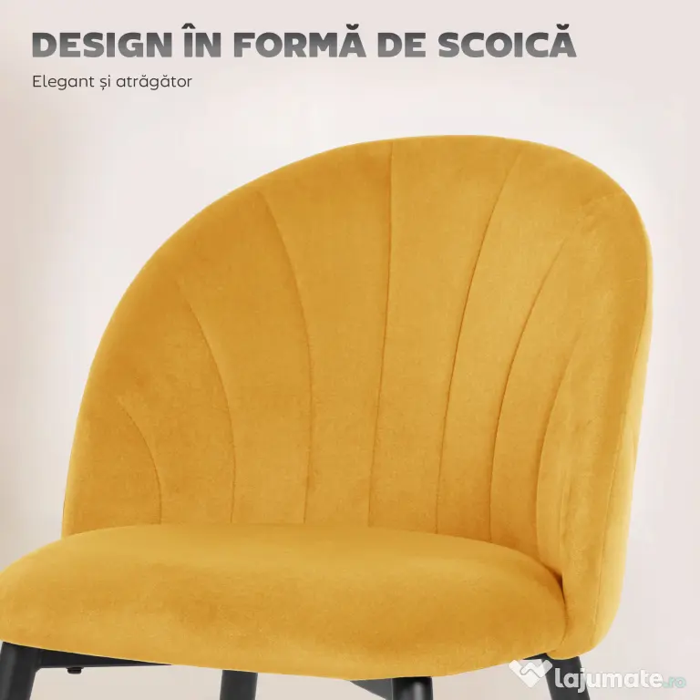 HOMCOM Set 2 Scaune pentru Sufragerie din Catifea, Scaune de Bucătărie cu Spătar Curbat în Formă de Scoică, Picioare din Oțel, Stil Nordic, Scaun Tapițat pentru Bucătărie, Dormitor, Living, Galben | Aosom Romania