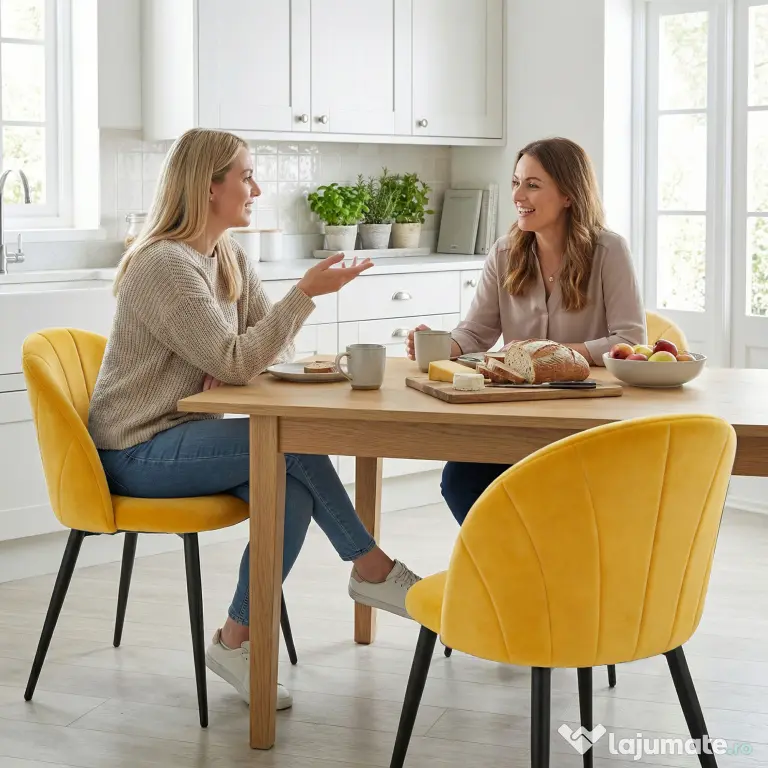 HOMCOM Set 2 Scaune pentru Sufragerie din Catifea, Scaune de Bucătărie cu Spătar Curbat în Formă de Scoică, Picioare din Oțel, Stil Nordic, Scaun Tapițat pentru Bucătărie, Dormitor, Living, Galben | Aosom Romania