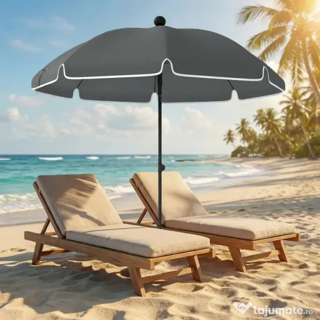 Outsunny Umbrelă de Plajă Inclinabilă cu Ancoră pentru Nisip și Geantă de Transport, Ø150x185 cm, Gri Închis | Aosom Romania