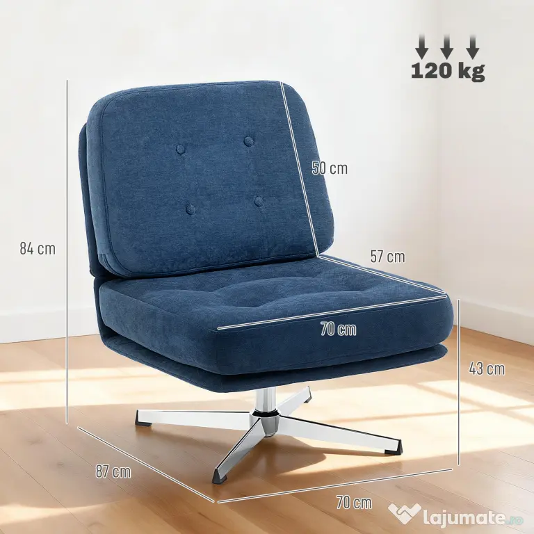 HOMCOM Fotoliu de Living Pivotant Îmbrăcat în Chenilă cu Șezut Lat, Fotoliu Modern pentru Dormitor cu Picioare Metalice, Albastru Închis | Aosom Romania
