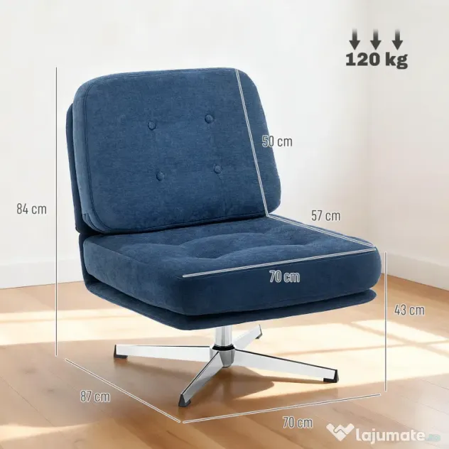 HOMCOM Fotoliu de Living Pivotant Îmbrăcat în Chenilă cu Șezut Lat, Fotoliu Modern pentru Dormitor cu Picioare Metalice, Albastru Închis | Aosom Romania
