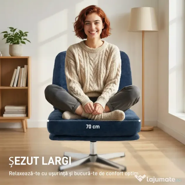 HOMCOM Fotoliu de Living Pivotant Îmbrăcat în Chenilă cu Șezut Lat, Fotoliu Modern pentru Dormitor cu Picioare Metalice, Albastru Închis | Aosom Romania